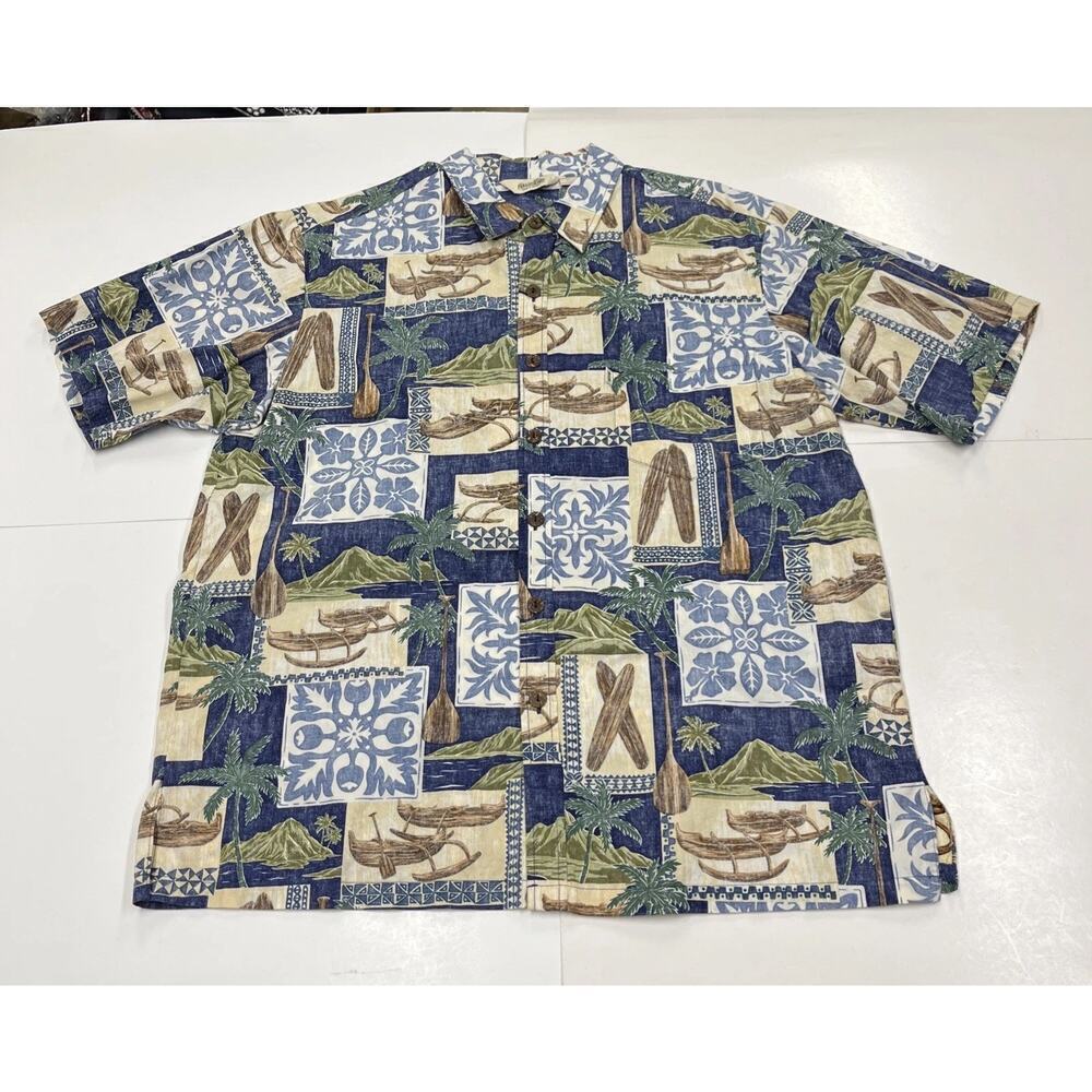 Paradise Bay Hawaiian Shirt Mens XL Blue Palms Button Up VTG Cotton Pocket